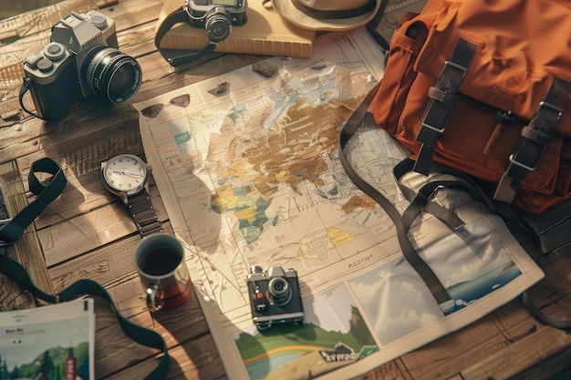 View of travel and adventure essentials