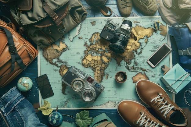 View of travel and adventure essentials