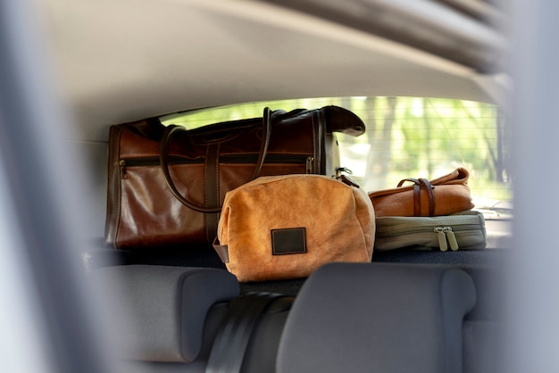 View of travel items inside car ready for trip