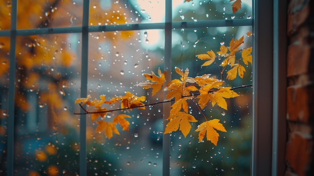 A view of a tree with yellow leaves from the window when it rains in the fall