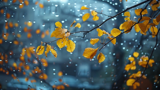 A view of a tree with yellow leaves from the window when it rains in the fall