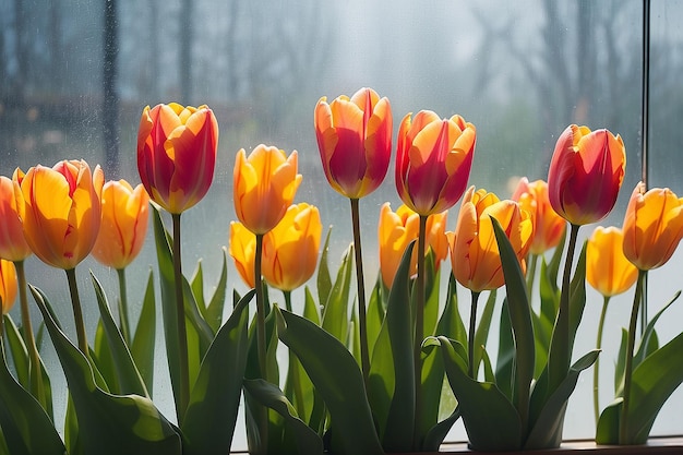 View of tulip flowers behind condensed glass