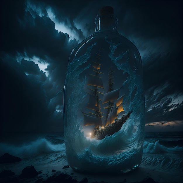 View of turbulent swells of a violent ocean storm inside glass bottle