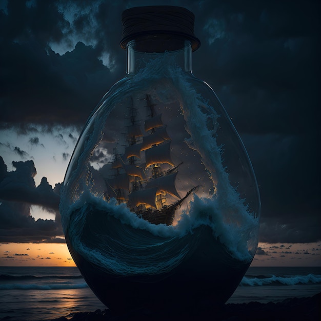 View of turbulent swells of a violent ocean storm inside glass bottle