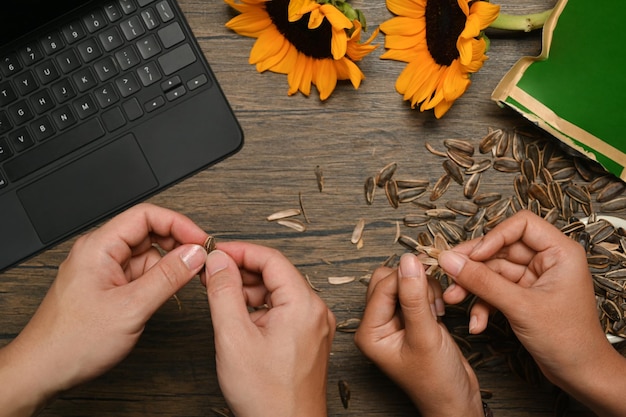 Above view of two people eating sunflower seeds at working desk Healthy eating snacks concept