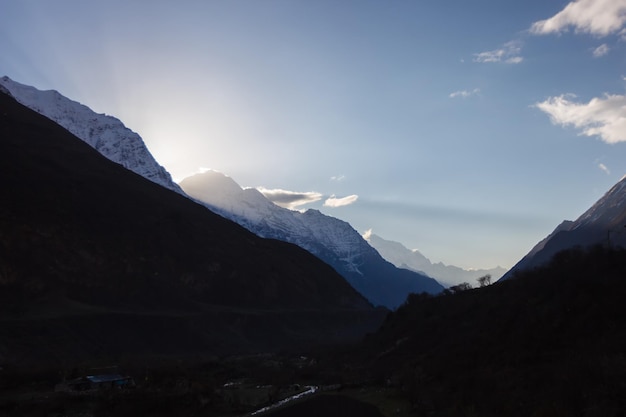 View of the valley and mountain peaks in the Manaslu region in the Himalayas