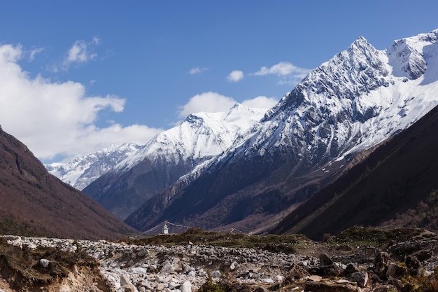 View of the valley and mountain peaks in the Manaslu region in the Himalayas