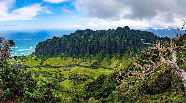 View of the valley and Mountain Range at Kualoa Ranch in Oahu, Hawaii where Jurassic Park was filmed