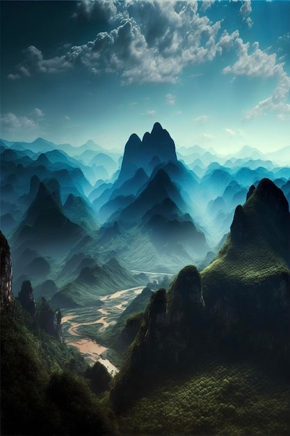 View of a valley with mountains in the background generative ai