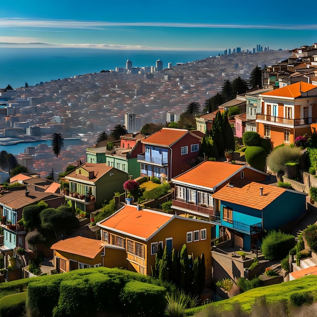 View of Valparaiso Hill with Houses and a Beautiful Sky