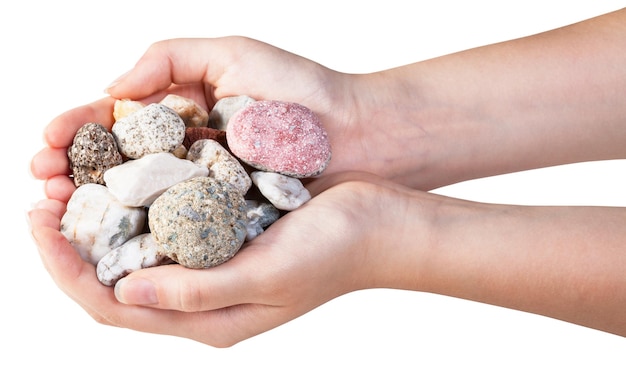 Above view of various natural pebbles in handful