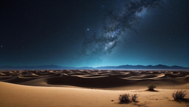 View of the vast Sahara desert with rolling sand dunes under a sky filled with glittering stars