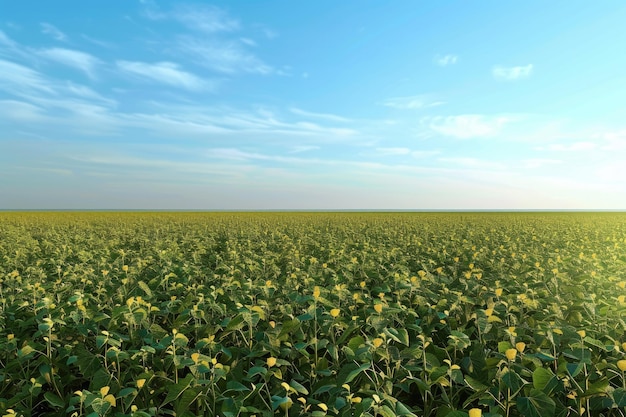 Photo view of a vast soybean farm agricultural field with a blue sky background