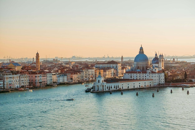 View of Venice Grand Canal and Santa Maria della Salute church in the evening