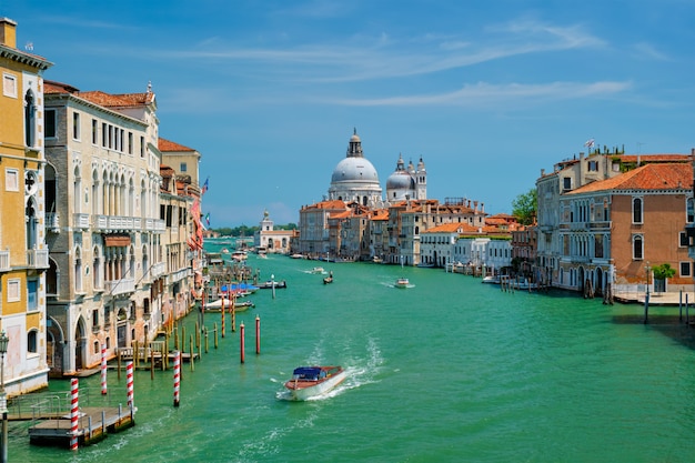 View of Venice Grand Canal and Santa Maria della Salute church on sunset