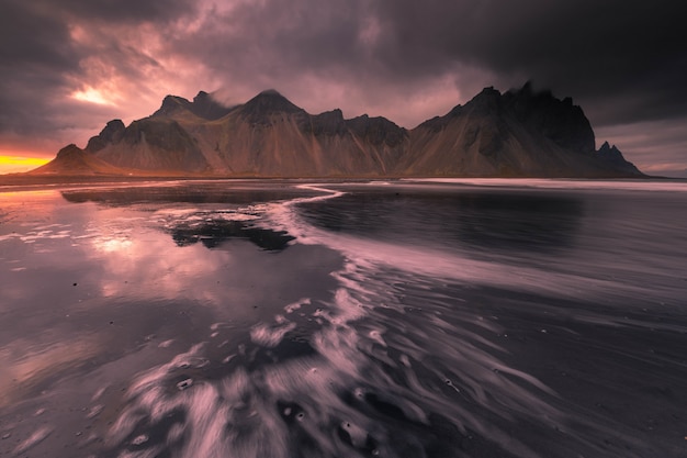 View to the Vestrahorn mountain from the Stokksnes beach, Iceland.