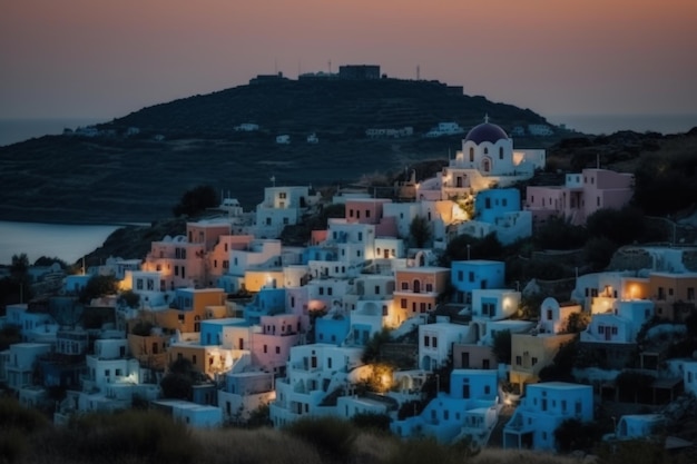 A view of a village at night with lights on the top