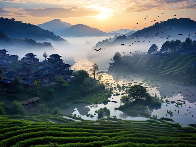 a view of a village with birds flying over the tea plantations