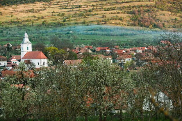 Photo a view of a village with a church in the background