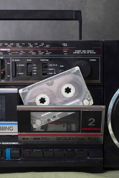 View of vintage boombox with casette