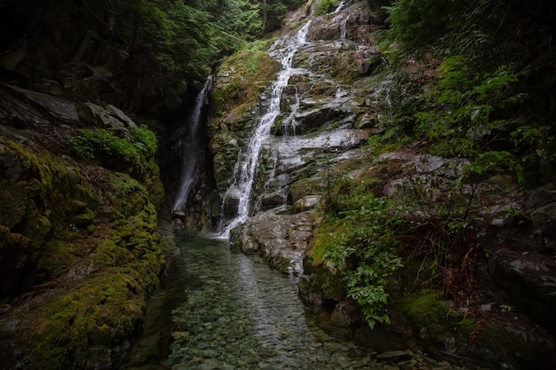 View of a waterfall during a foggy day