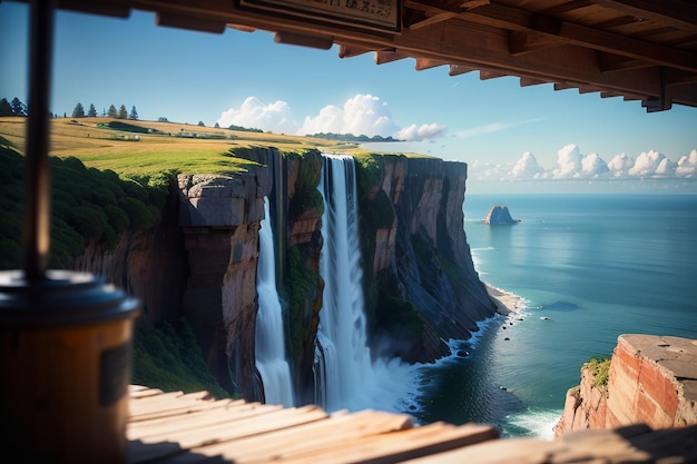 A view of a waterfall from a balcony