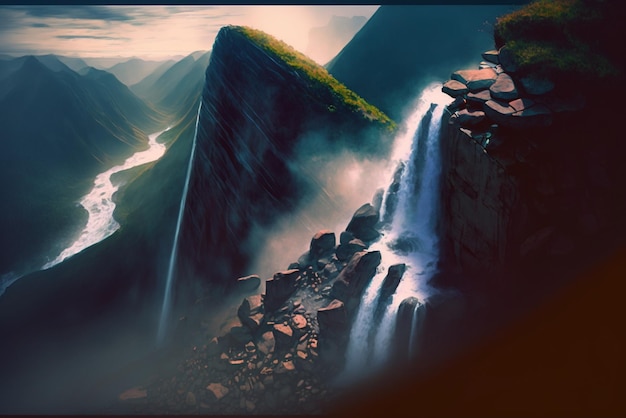 View of waterfall in the mountains with background generative ai