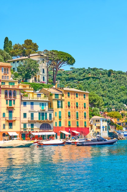 View of waterfront in Portofino - luxury resort on the Italian riviera in Liguria, Italy