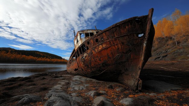 Photo view of a weathered rustcovered abandoned iron ship near a lake