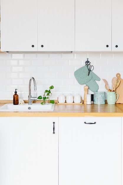 View on white kitchen in scandinavian style