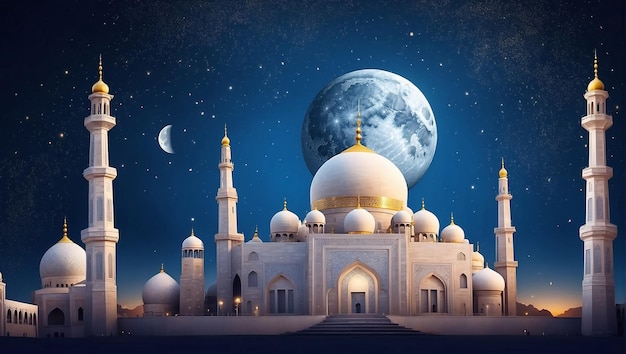 View of a White mousque with moon in Ramadan Background