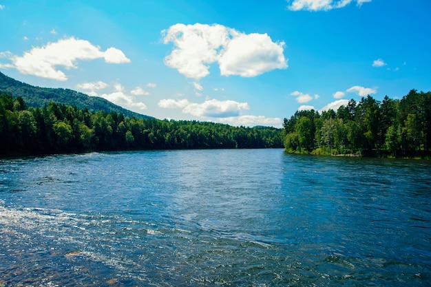 View of a wide mountain river in summer