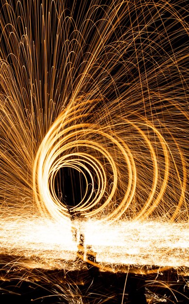 Photo view of wire wool spinning at night