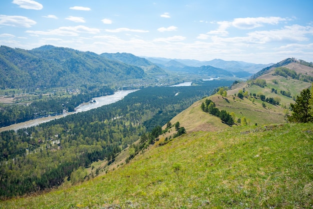 View with mountains river Katun and valley from top of the rock damn finger in the mountainous Altai Russia