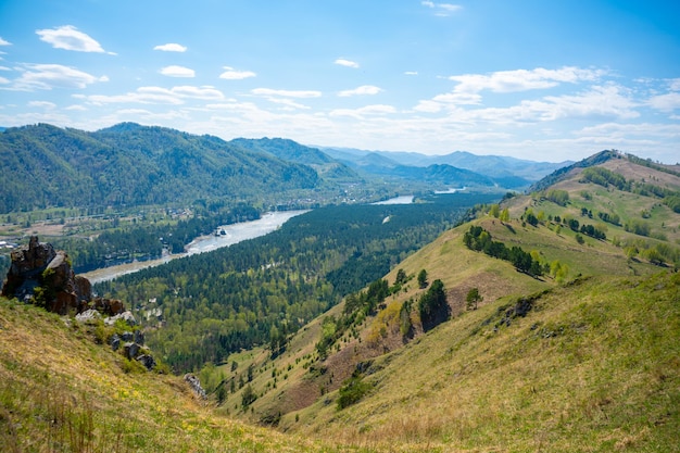 View with mountains river katun and valley from top of the rock damn finger in the mountainous altai