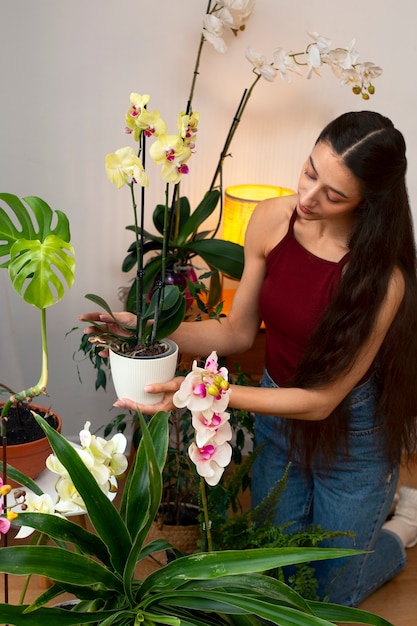 View of woman decorating her home with orchid flower