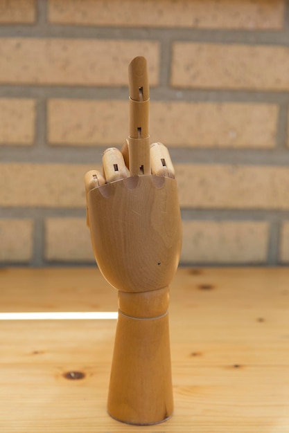 View of a wooden hand holding the middle finger in a reveld sign