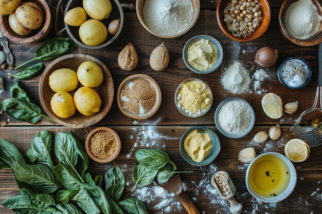 Photo above view wooden kitchen tools and ingredients