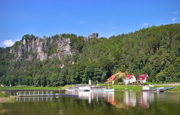 View on the world famous Bastei in Saxony Switzerland from the shore of the river Elbe