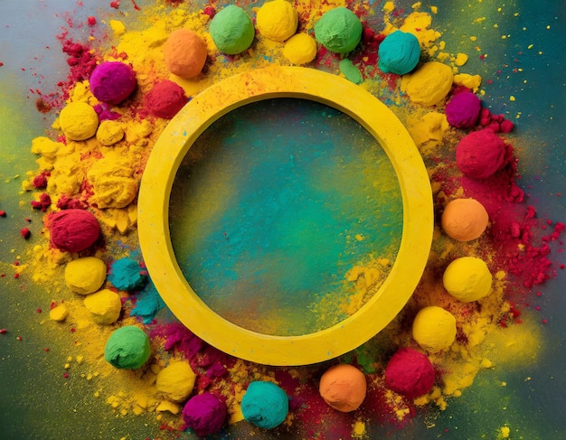 view of yellow circular frame covered with dry Holi colors