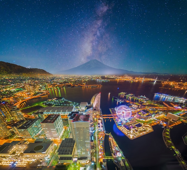  view of Yokoh Cityscape and bay at Minato Mirai waterfront district from yokohama landark