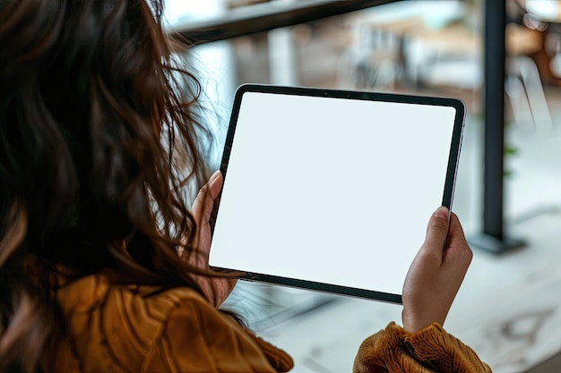 Photo view over young woman shoulder using computer tablet