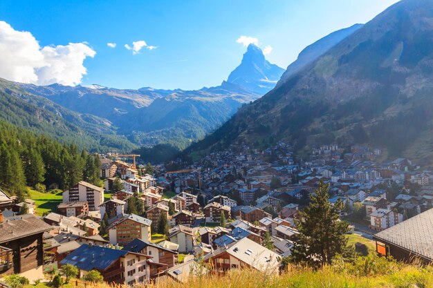 View of Zermatt town and Matterhorn mountain in the Valais canton Switzerland