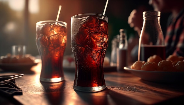 Viewers at a table with glasses of excellent refreshing cola closeup shot Generative AI