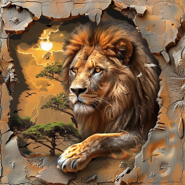 Viewpoint on 3d lion with nature establishment