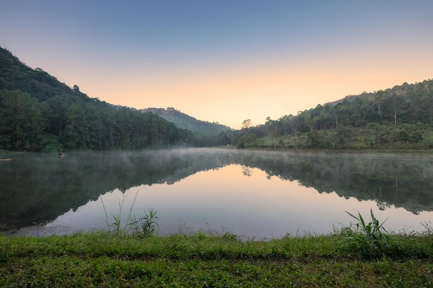 Viewpoint reflection foggy reservoir at morning