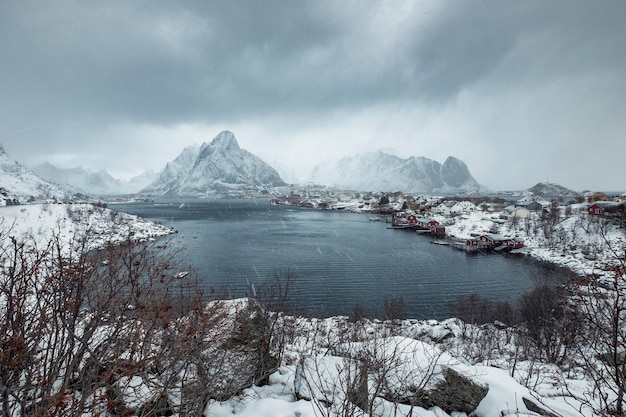 Viewpoint of Reine village in gloomy bliizard