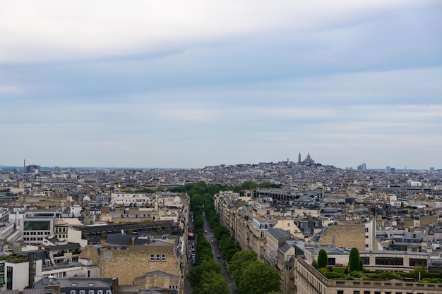 Views from above of the streets of Paris at sunset