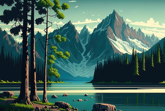 Views of a lake and mountains with green trees