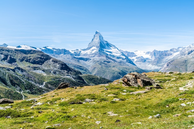 views of the Matterhorn peak in Zermatt, Switzerland.